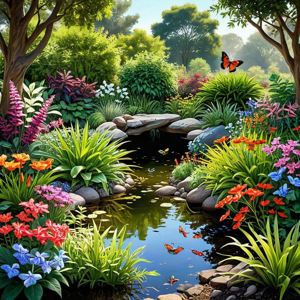 A vibrant garden filled with diverse plants, blooming flowers, and butterflies fluttering around. Include a small pond with frogs and colorful fish to represent aquatic life, while birds can be seen perched on branches. Show a compost area with rich soil and native plants thriving in the background to emphasize sustainability. Soft sunlight filtering through the trees enhances the natural beauty. super-realistic. vibrant colors. white background.