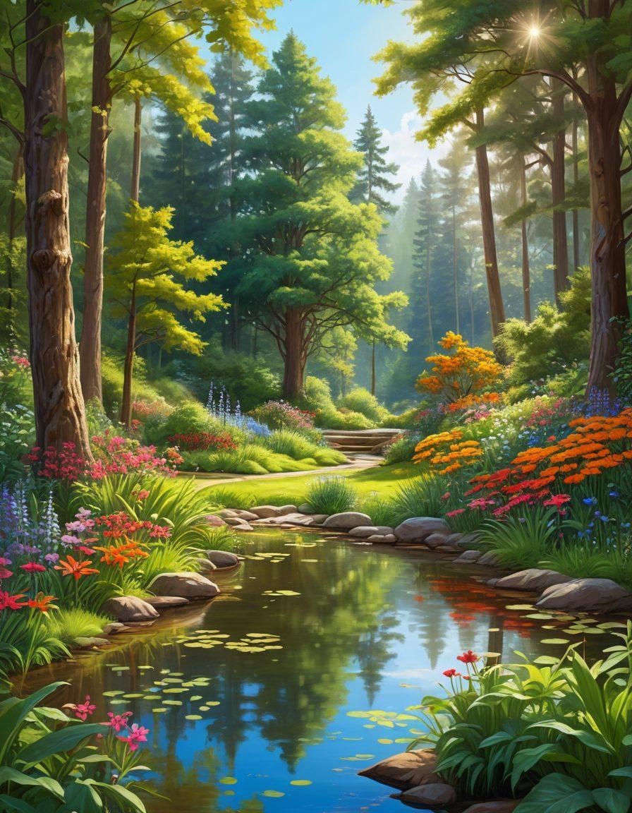 A lush green forest scene depicting sustainable forestry practices, featuring diverse plant life and wildlife thriving in a vibrant ecosystem. Include a cozy backyard with native flowers, butterfly gardens, and a small pond, symbolizing biodiversity. The sky should be bright and clear, with sunlight streaming through the trees. Emphasize harmony between humans and nature in the design. digital painting. vibrant colors. natural light.