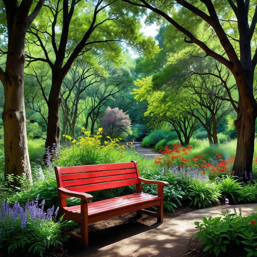 A lush, green landscape featuring diverse native trees, colorful flowering plants, and winding trails that invite exploration. Integrate small wildlife like birds and butterflies, along with cozy benches made from natural materials for relaxation. The scene should radiate a sense of tranquility and harmony with nature, emphasizing eco-friendly practices. Evoke feelings of vibrant life and sustainability. painting. vibrant colors. natural setting.